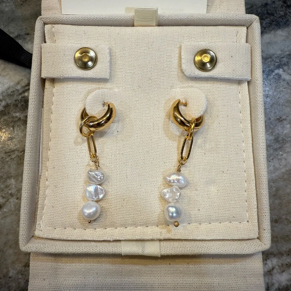 MAYAMAR Gold and White Pearl Drop Earrings - Picture 2 of 3